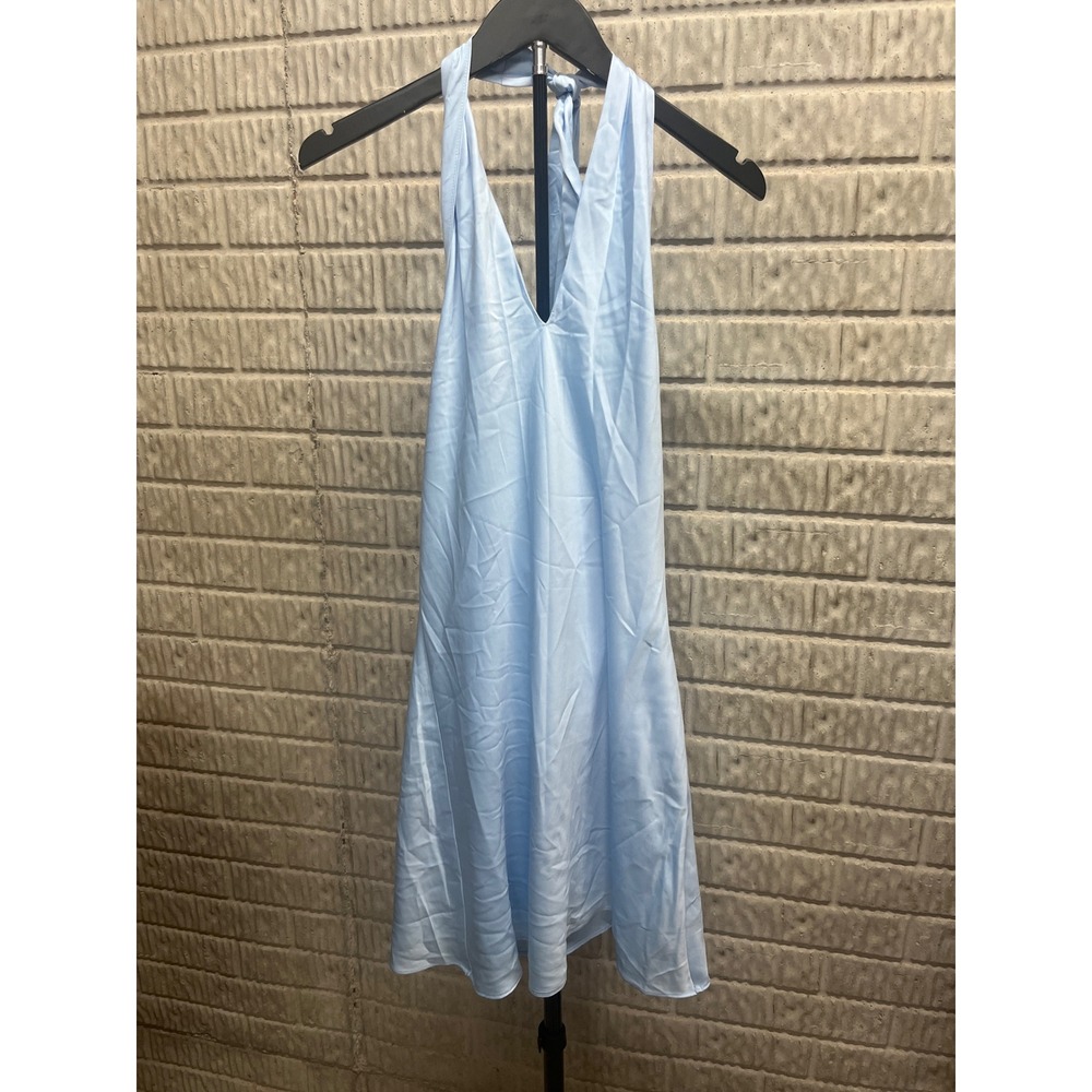 Target Women Light Blue Satin Halter Mini Dress V-Neck Open Back Size S NWT